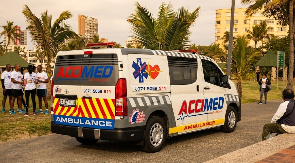 Accimed EMS ambulance on standby, rear branding view